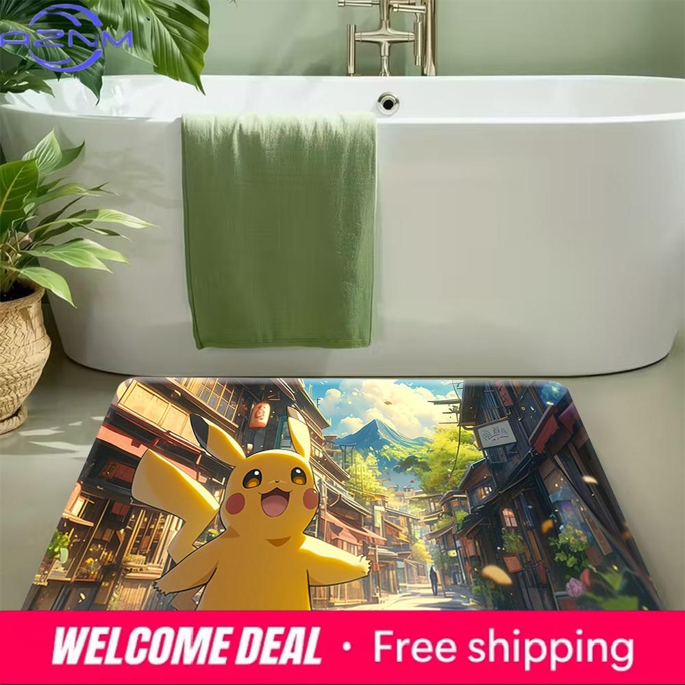 Pokemon Pikachu In Japanese Town Print Non-slip Doormat, Soft Absorbent Floor Rug for Home Decor