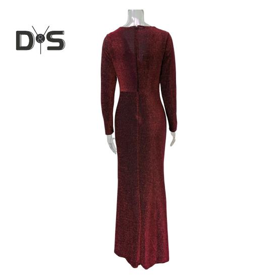Abendkleid für Damen, tiefer V-Ausschnitt, Pailletten-Dekor, lange Ärmel, elastische Taille, plissiert, geteilter Saum, einfarbig, formelle Anlässe, Hochzeit, Party, Abschlussball, Maxikleid