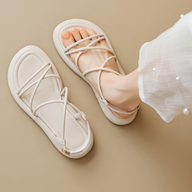 

Fashion Plus Size Flats Summer New Round Toe Open Toe Thin Strap Soft Sole Anti-slip Wear-resistant Roman Sandals 35 бежевий