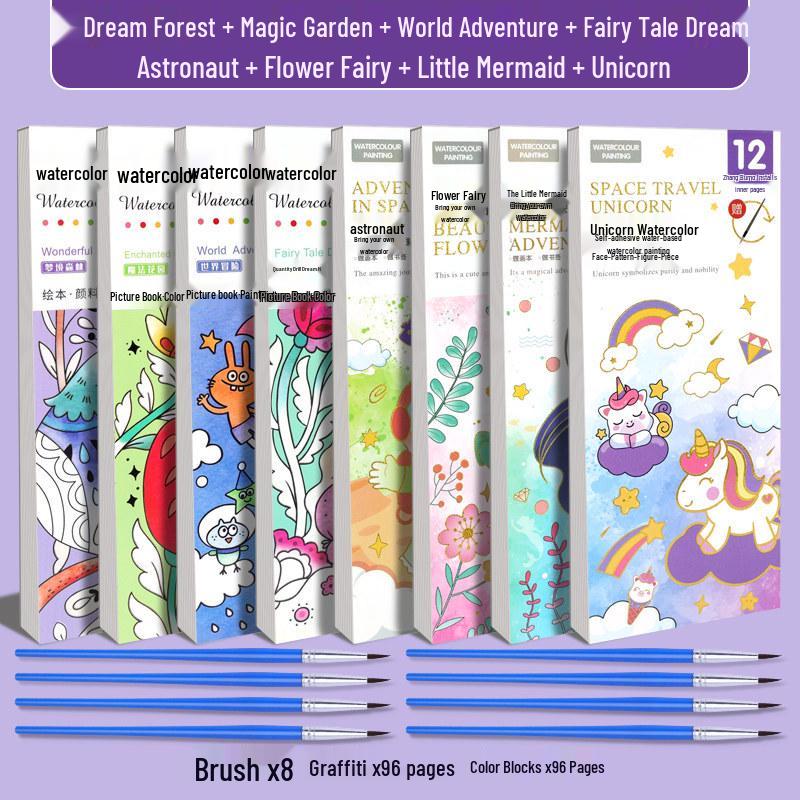 Portable Children's Watercolor Doodle and Coloring Book with Sticky Notes and Gouache