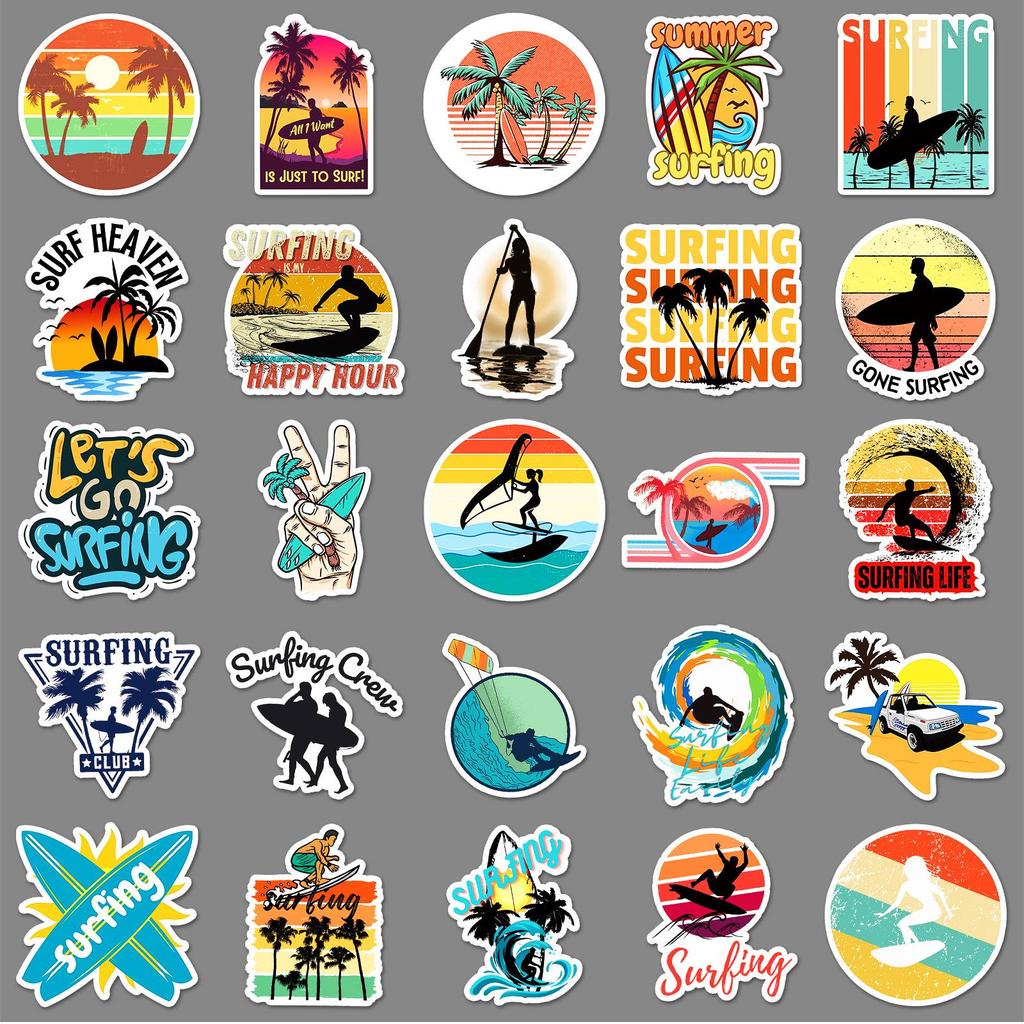 50-Piece Waterproof Cartoon Surfing Stickers for DIY Suitcases & Helmets