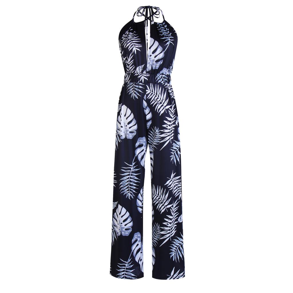 Frauen Sommer Backless Sexy Coconut Tree Print Neunte Hosen Halter Elastische Strampler Overall