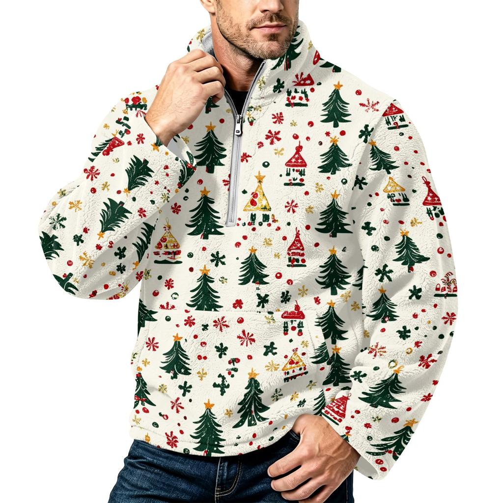 Men's Christmas Print Flannel Zip-Up Sweatshirt with Stand Collar, Plus Size Casual Top for Fall Winter