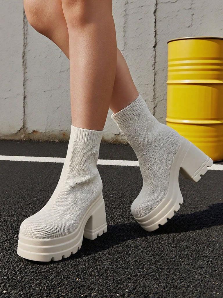 Women'S Casual Slip-On Knitted Ankle Boots High Heel Thick Bottom Fashion Platform Short Sock  Boots Dress Breathable Shoes