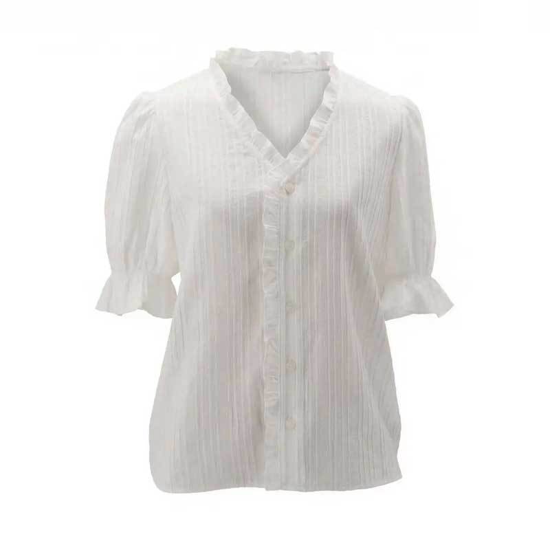 Shopping Mall Spring and Summer New Fashionable Versatile French Fungus Edge V-neck Bubble Sleeve Short-sleeved Shirt 111169