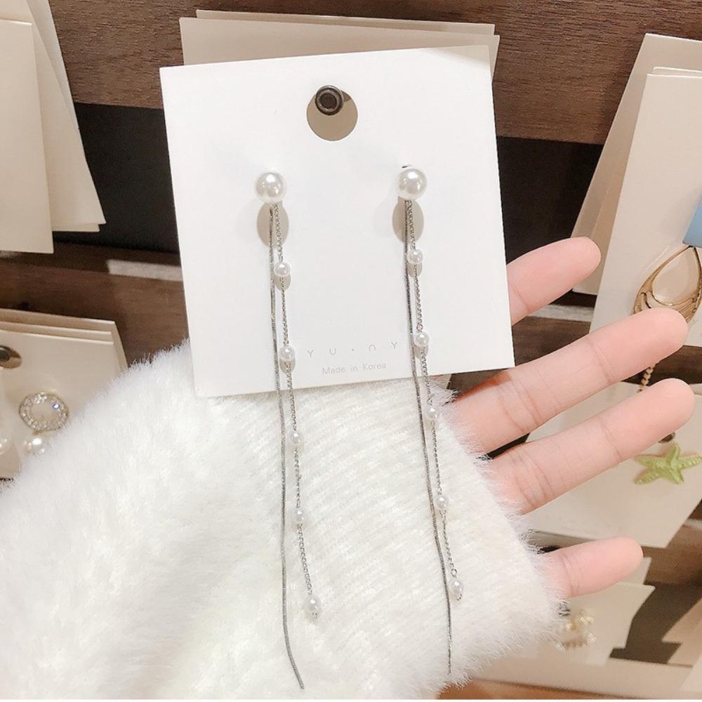 Korean Temperament Long Pendant Pearl Tassel Line Dangle Earrings for Women Wedding Party Daily Wear Jewelry Accessories Gifts