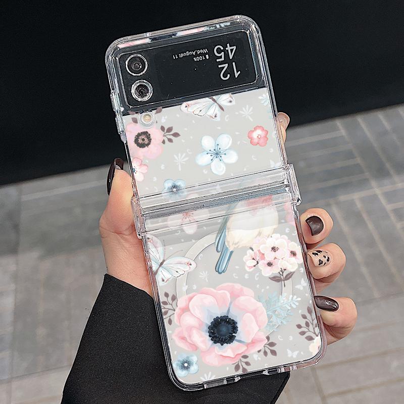 For Magsafe Magnetic 3PCS Case for Samsung Z Flip6 Flip5 Flip4 Shockproof Color Flower Pattern Transparent Pc Hard Slim Phone Case Cover
