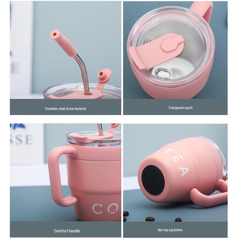 Premium Insulated Stainless Steel Straw Mug with Handle and Lid