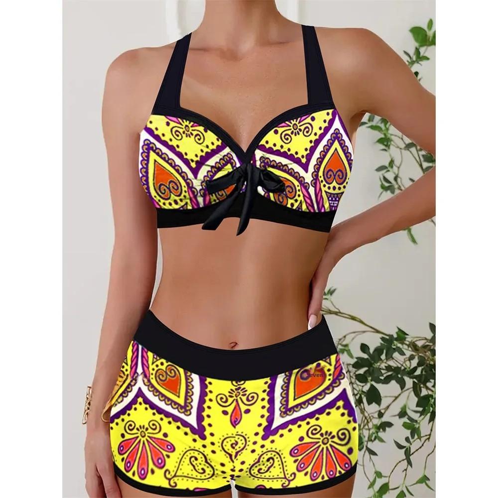 

Новые женские геометрические принты бикини раздельные купальники элегантные модные женские пляжные костюмы 3XL жёлтый