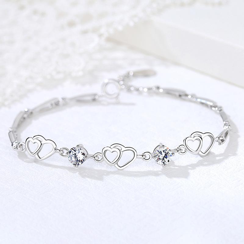 S999 Heart-to-heart Silver Bracelet for Women, Heart-shaped Interlocking Japanese and Korean Jewelry Accessories, Birthday Gift for Best Friend