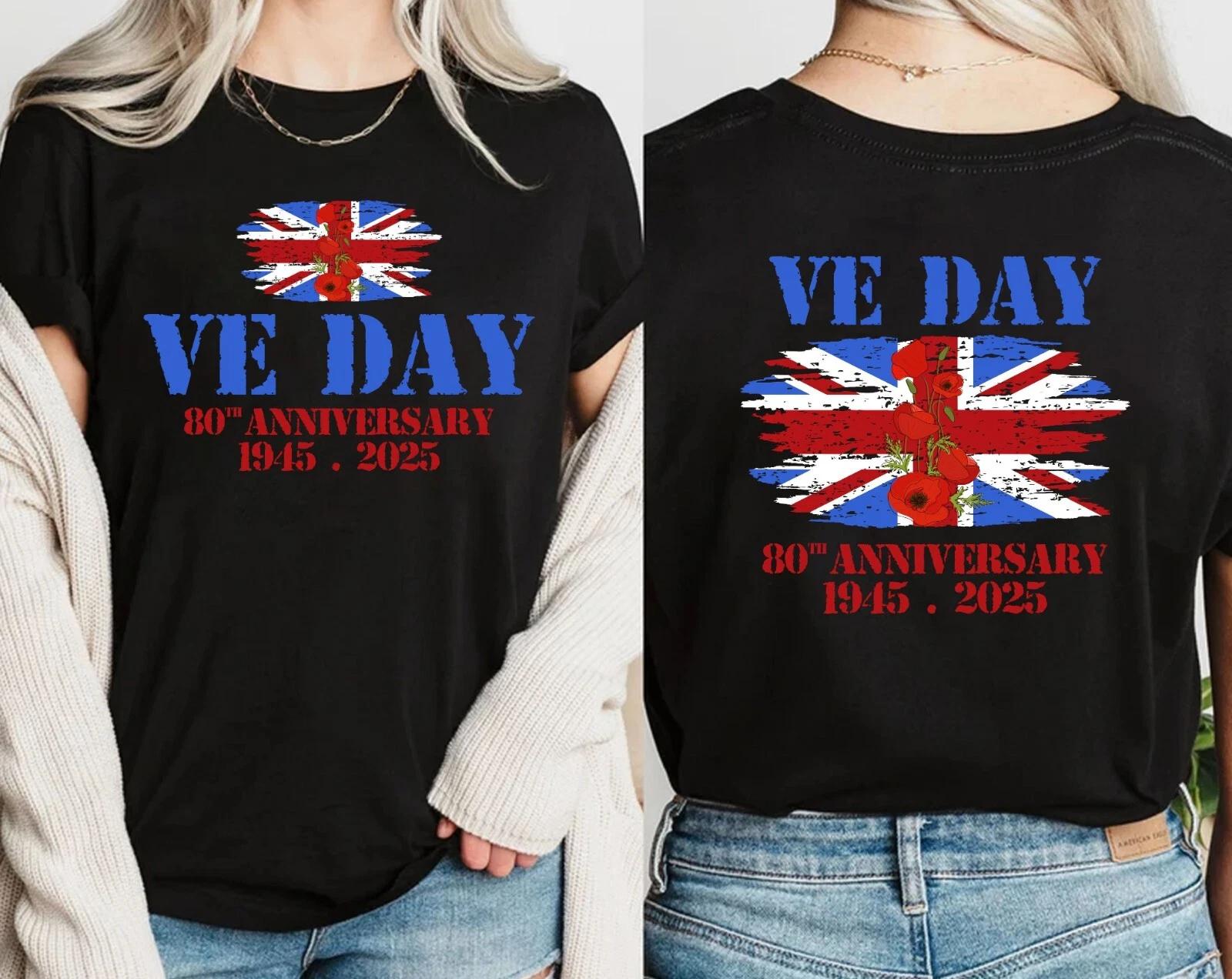 VE Day T Shirt Printed UK Flag With Poppies 80th Anniversary 1945-2025 Women Top XL