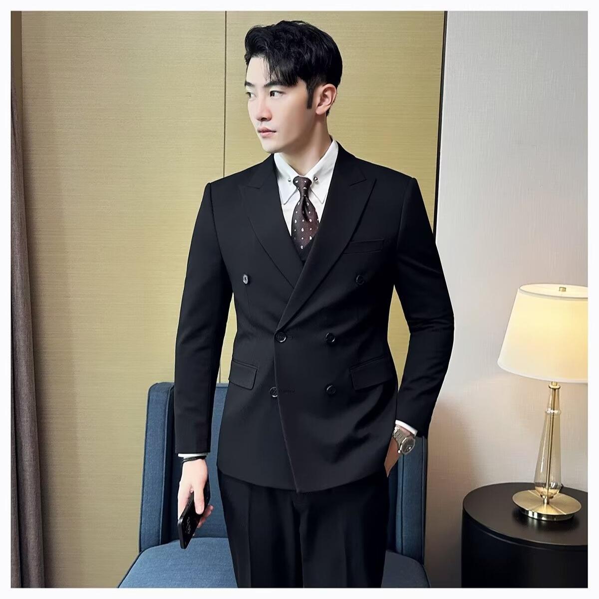 

Men s British Style Double-Breasted Suit Coat: Autumn & Winter Peak Lapel for Business, Commute, & Banquet. L