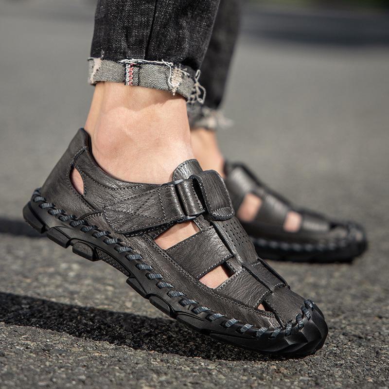 Men's Outdoor Genuine Leather Sandals: Breathable, Hollow, Casual Beach Shoes, Large Sizes Available.