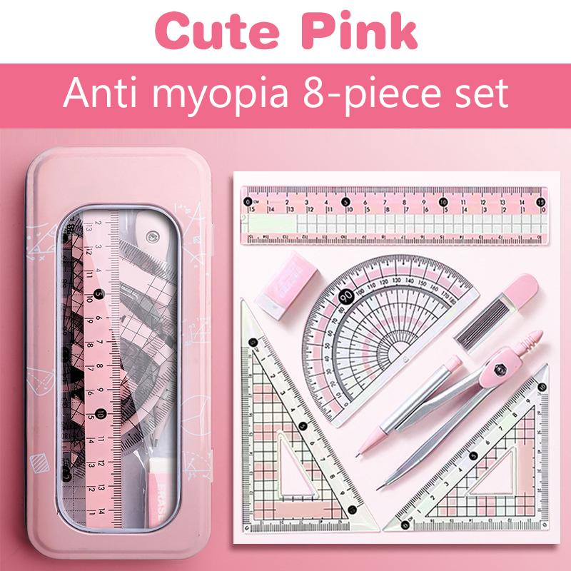 

Набор из 8 измерительных линеек для студентов, включая циркуль, угломер, треугольную линейку, измерительные и чертежные принадлежности 18CM розовый