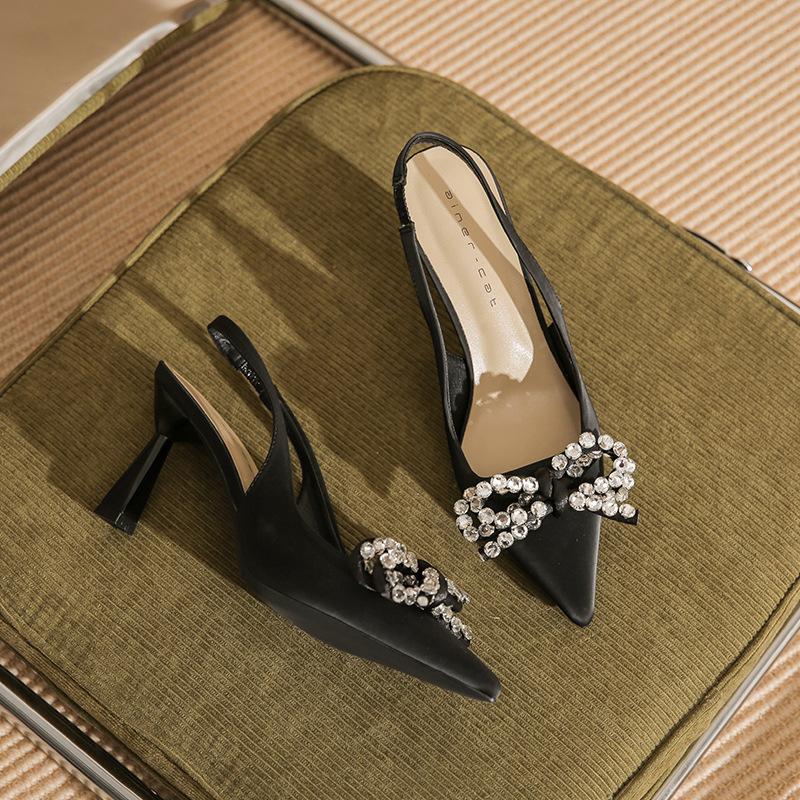 7513-3 [sheepskin] Pointed High Heels Women's Thin Heels 2025 New Bag Head Rhinestone Bow Sandals