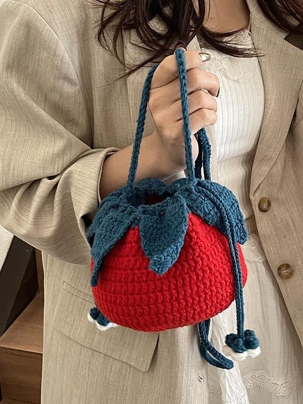 Bag Knitted Tomato Cartoon Girl Crossbody Phone Purse With Drawstring Closure For Casual Wear