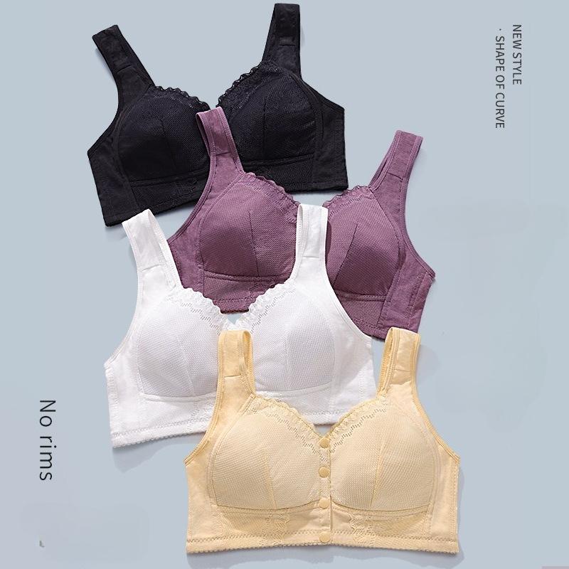 Soft Cotton Thin Cup Front Buckle Middle-aged and Elderly Women's Lace No-rim Vest Style Oversized Bra