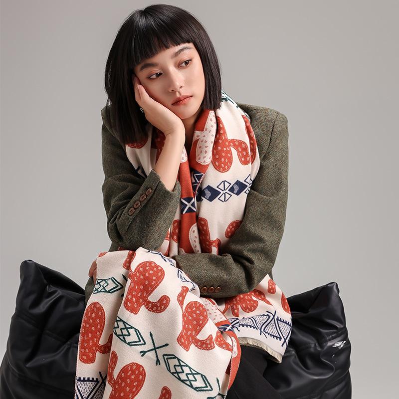 Imitation Cashmere Scarf Women'S Nordic Style Decoration Warm Dual-Purpose Double-Sided Shawl Creative Printing Fringed Scarf