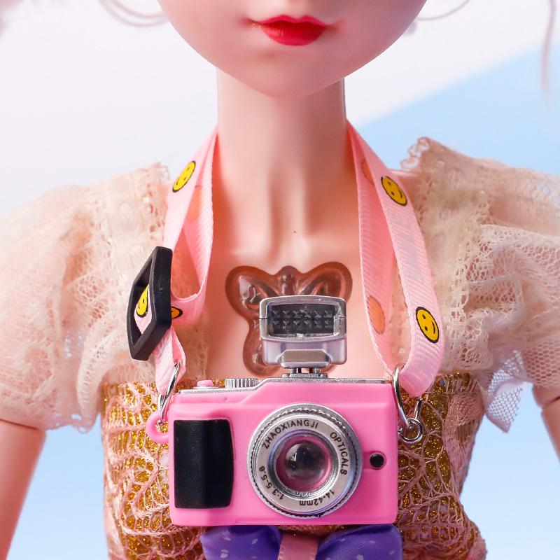 Smiling Plush Toy Dog with Webbing Strap and Sounding Cartoon Camera Pendant Necklace