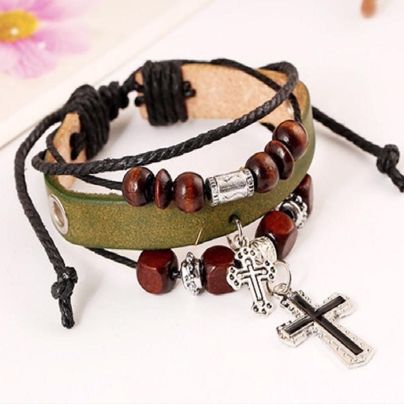 Beaded cross leather bracelet real leather bracelet punk style