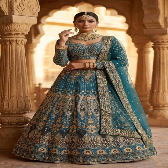 Royal Teal Embroidered Bridal Lehenga Choli FREE SIZE чирковый