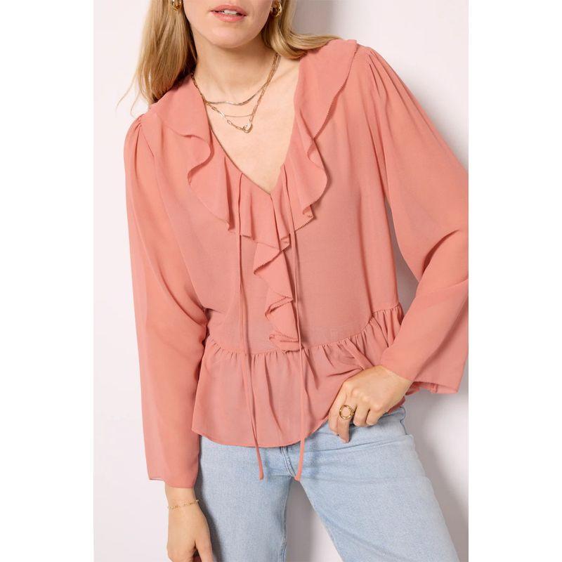 

Evereve Pleated Decoration Frill Neckline Design Semi-Transparent Material Chiffon Long sleeve V-neck Top Blazing Red(No refund) L