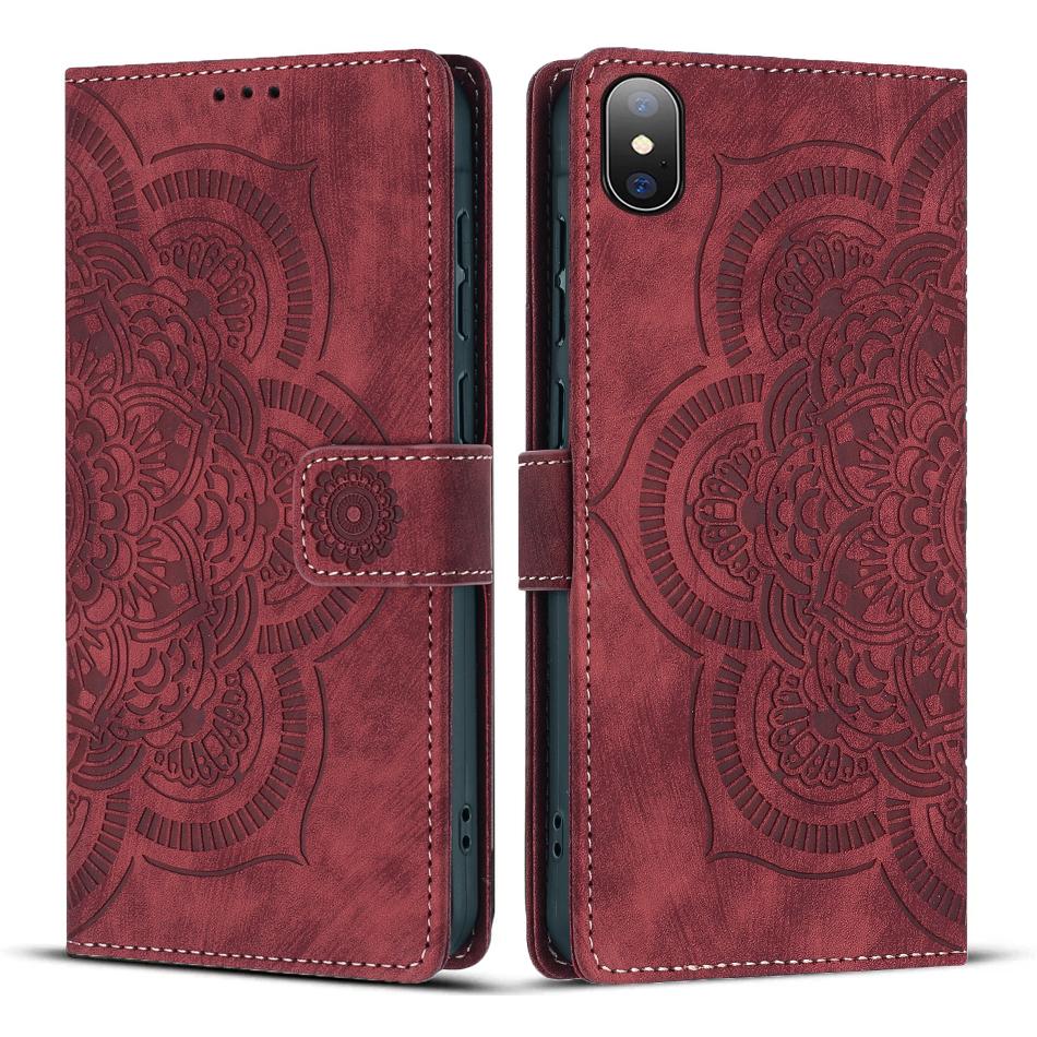 Luxury Floral Print Leather Flip Case for iPhone X / iPhone Xs, Full Protection & Stand Function красный