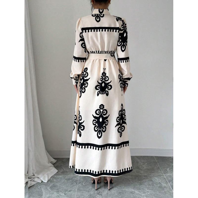 Live Shot 2025 European and American Fashion Long Sleeve Waist-Gathering Print Shirt Dress