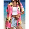 Summer Fashion Women Blouse Hawaiian Coconut Tree Print Short Sleeve Lapel Casual Button Shirt Tops Women's Beach Hawaiian Shirt