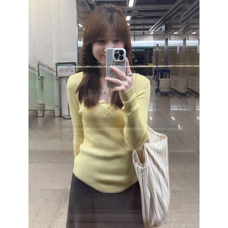 Button semi-open neck slim-fitting thin knitted long-sleeved women's spring inner cover Spice girl slim bottoming shirt Basic top