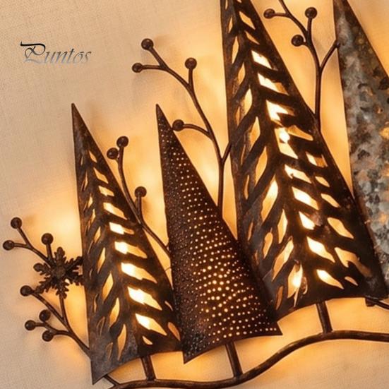 Rustic Metal Wall Art Vintage Lighted Woodland Decor, Pine Forest Tree Outdoor Porch Sculpture with LED Lights for Farmhouse Cabin Winter Home