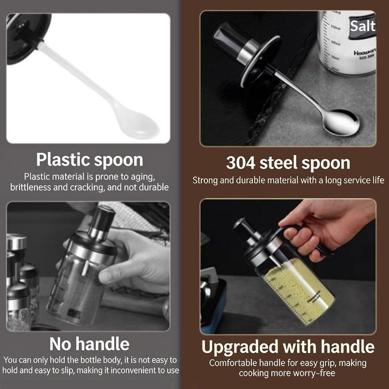 Glass Spice Container Kitchen Seasoning Jar with Spoon Salt Storage Bottle Airtight Leakproof Organizer for Cooking Supplies