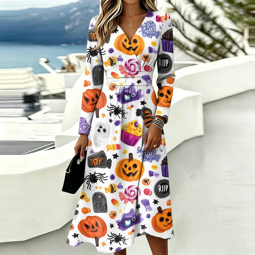 Abito casual da donna a maniche lunghe con scollo a V e stampa di Halloween, con tasche