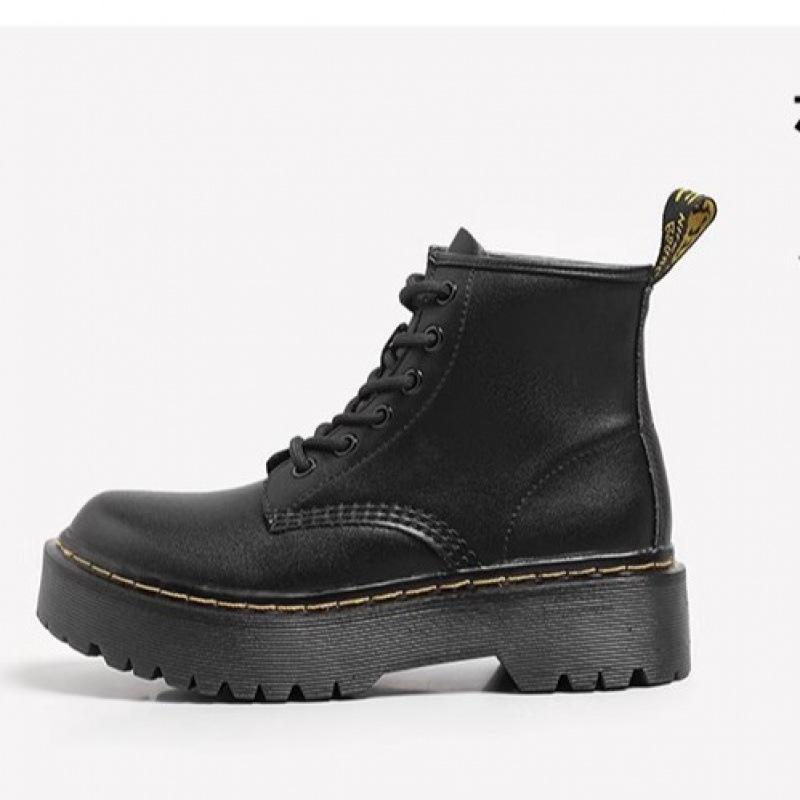 2025 Autumn and Winter Thick-soled Six-hole Open-edge Bead Martin Boots, Black Boots, Heightening Women's Street Cowhide Boots, Medium Tube