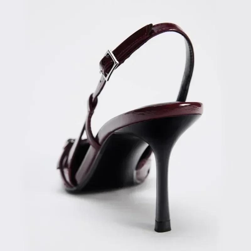 Fashion High Quality Burgundy Patent Leather High Heels Women Elegant Pointed Toe Thin High Heeled Sandals Fashion Banquet Evening Shoes