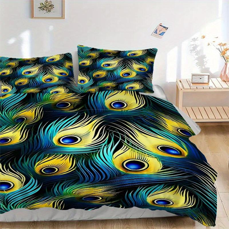 3Pcs Peacock Feather Pattern Printed Bedding Set, Breathable And Soft,(Includes 1 Duvet Cover And 2 Pillowcases, Quilt Not Included) Yy250815164
