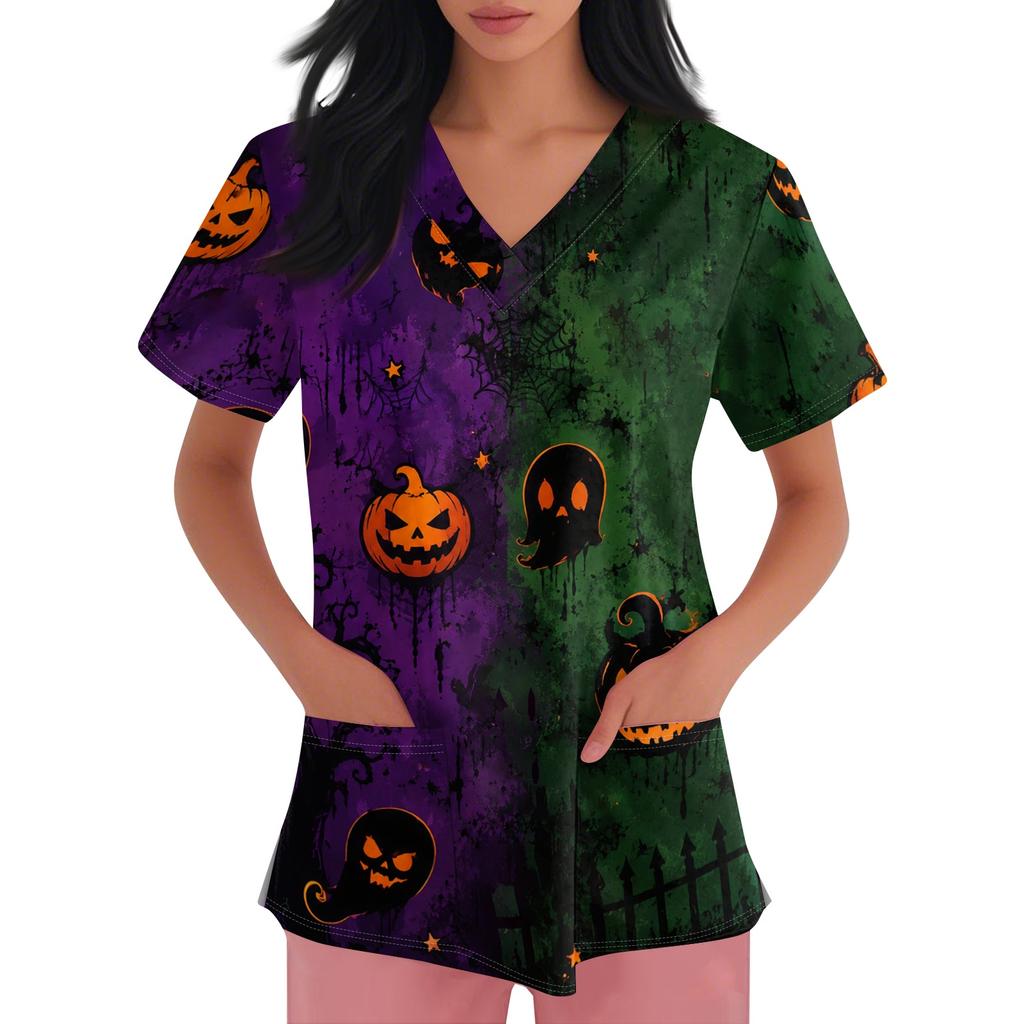 Women's short-sleeved Halloween print V-neck pocket protective work shirt