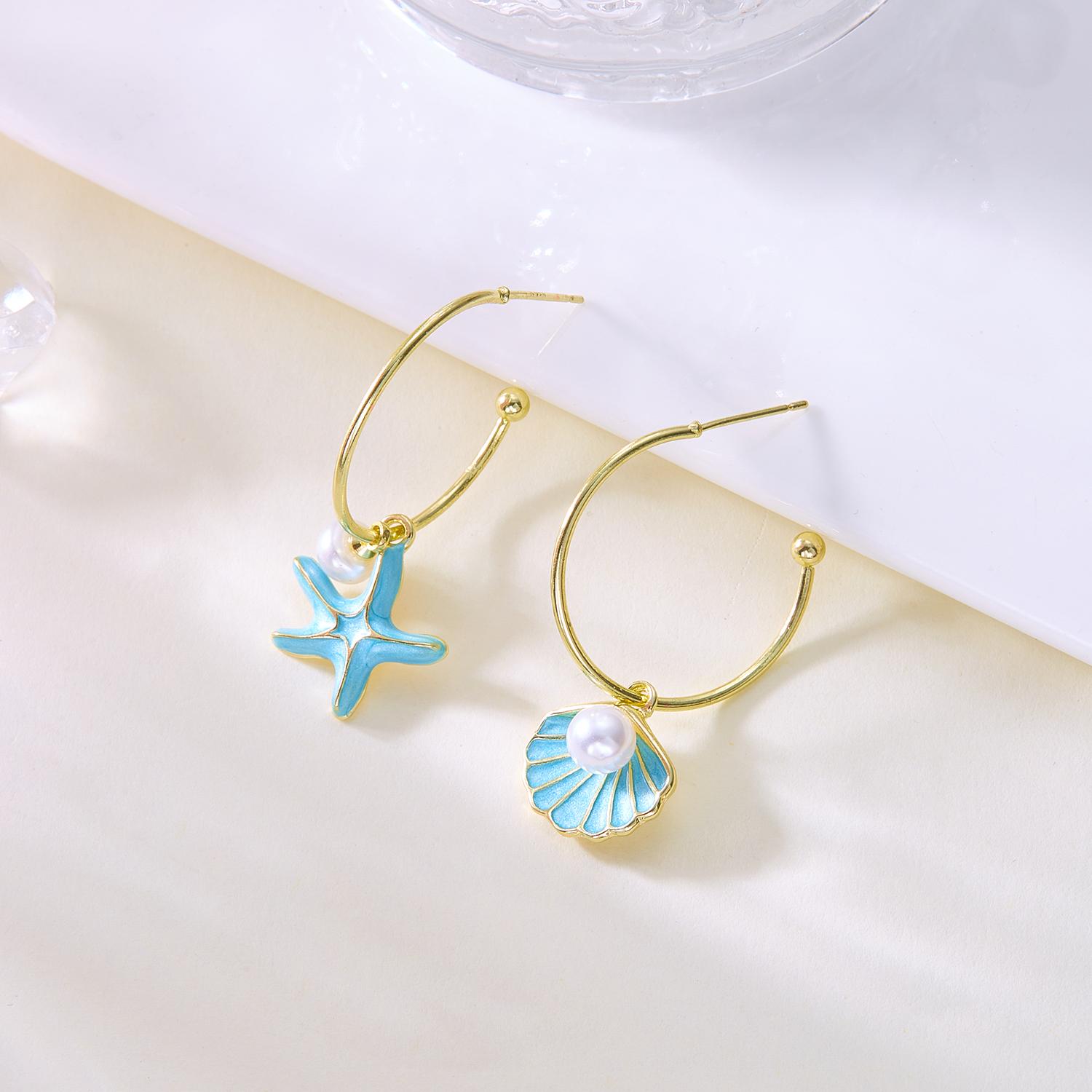 

Cute Enamel Metal Shell Starfish Drop Earrings for Women Asymmetrical Imitation Pearl Conch Shell Earrings Girls Daily Jewelry
