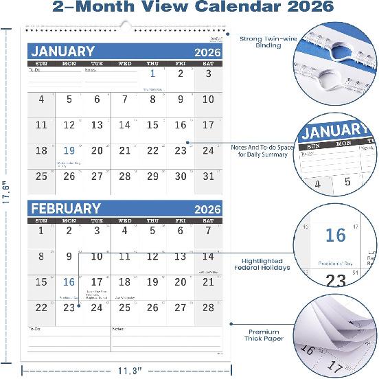 2026 Wall Calendar - 2 Month Wall Calendar 2026 Display (Folded in a Month), 17.6" x 11.3", Jan. 2026 - Dec. 2026, Calendar 2026 - Blue