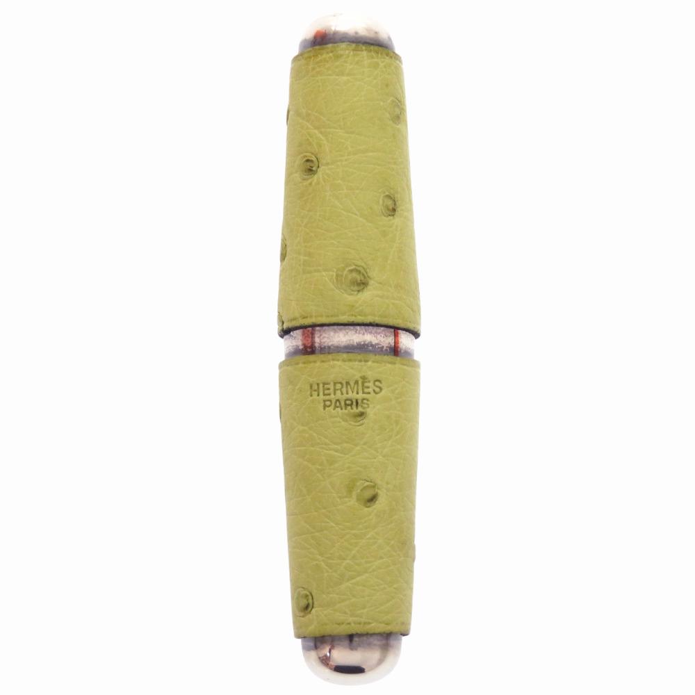 Used AUTHENTIC HERMES Wine openerKey Holder Green/Silver Ostrich/Metal