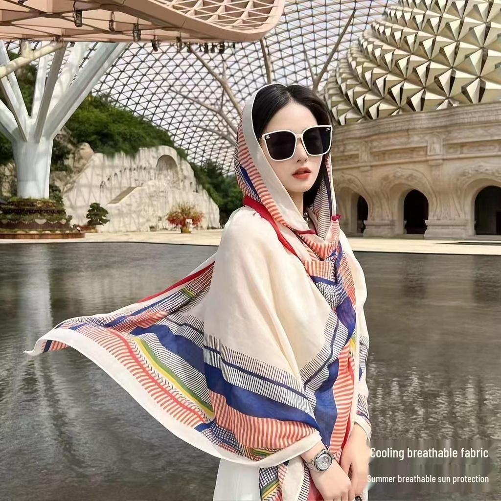 Women's Retro Ethnic Silk Scarf with Frog Button Shawl for Sun Protection