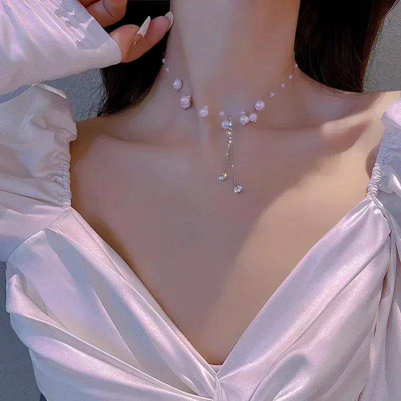 Transparent Fishing Line Necklace for Women Personality Zircon Love Heart-shaped Invisible Clavicle Chain Fashion Jewelry GIfts