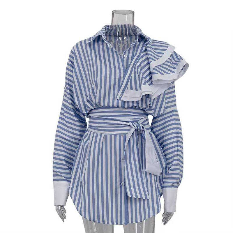 

Европейская и американская полоска Съемный волан Бретели Рубашка Платье Волан Полосатая Рубашка Юбка Blue L