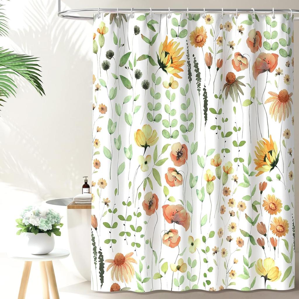Watercolor Floral Shower Curtain, Flowers Print Spring Bathroom Curtain, Wildflowers Home Décor Machine Washable Bath Curtain