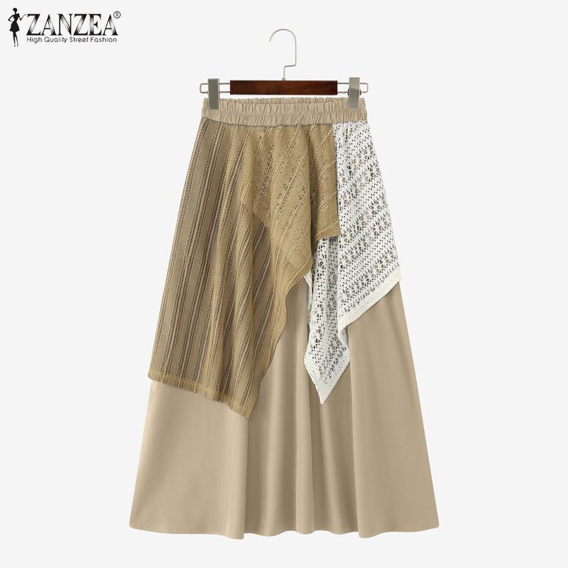 ZANZEA Womens Casual Elastic Waist Loose Crochet Patchwork Long Skirts