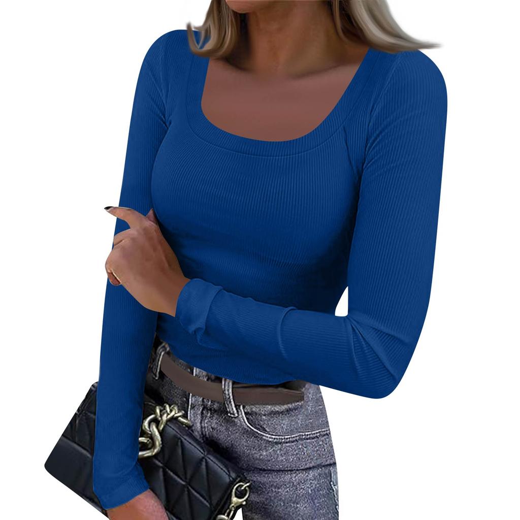 Women's  And Winter Slim Bottom T-shirt Fashion Casual Solid Color Square Neck Pullover Long Sleeve Top