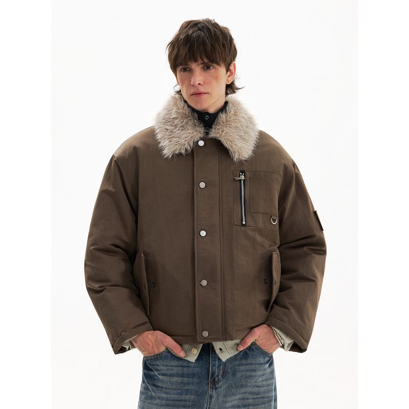 Blaexit American-Style Bomber Jacket Cotton-Padded Winter Coat Men's Thickened Fur Collar Short Parka