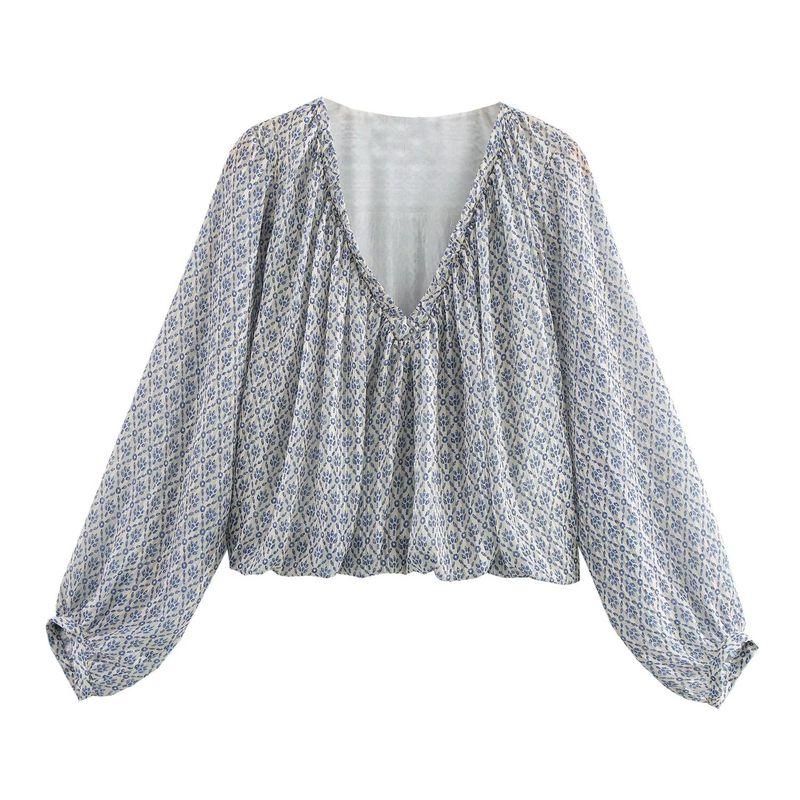 

Kaslead New Arrival Women s Clothing Fashion Style Metal Color Line Print Balloon Version V Neck Tops 9328283 Image color L