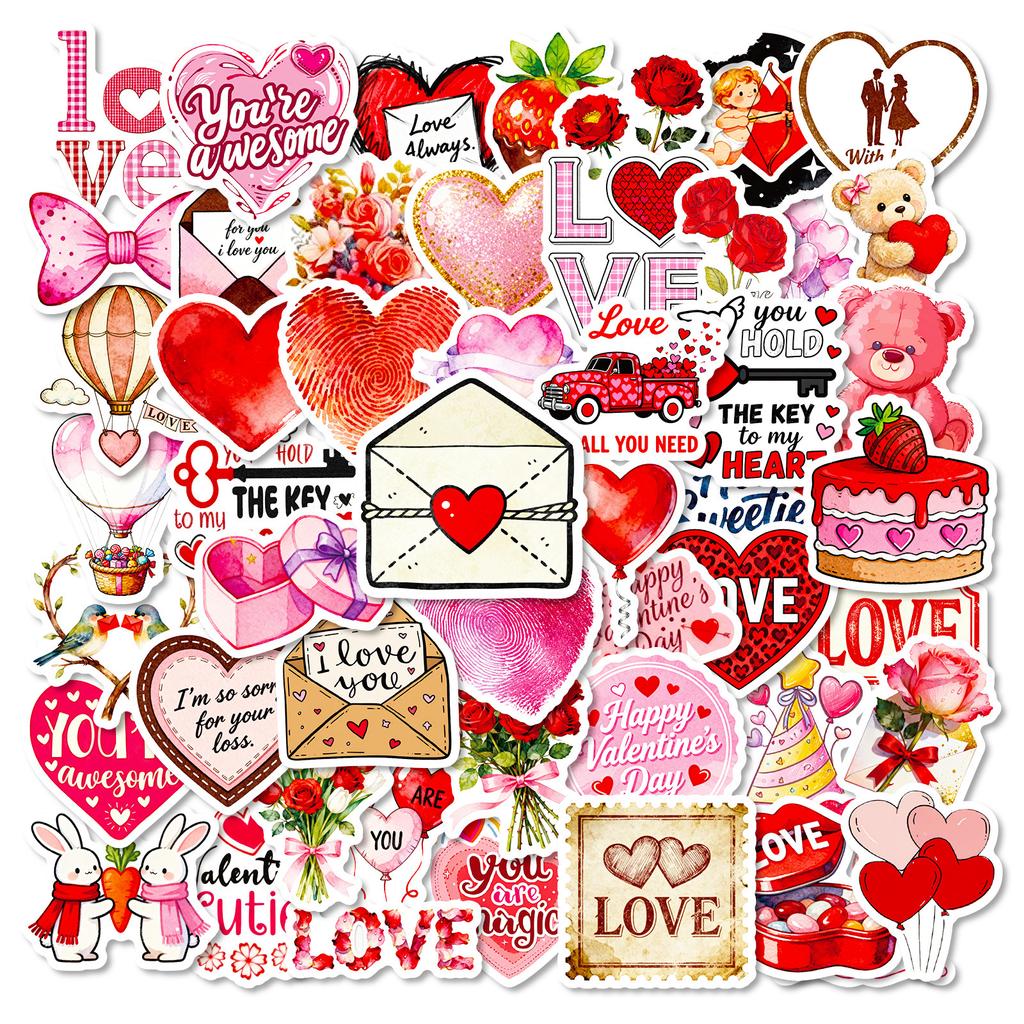 56 Valentine'S Day Themed Red Cute Cartoon Graffiti Stickers Festive Atmosphere Decorative Waterproof Stickers