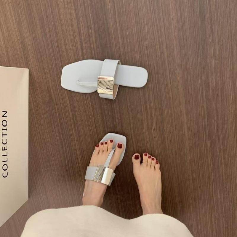 

Gray-Brown Herringbone Cool Slippers For Women To Wear Outside Summer Niche Metal Pinch Feet And Pedal Flats 35 небесно-голубой